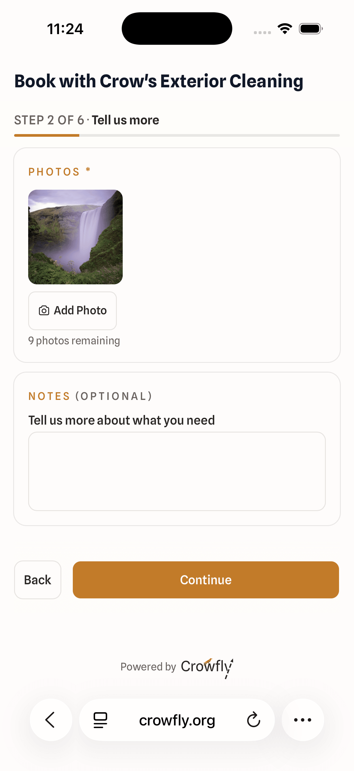 The booking widget collecting job details, photos, and notes.
