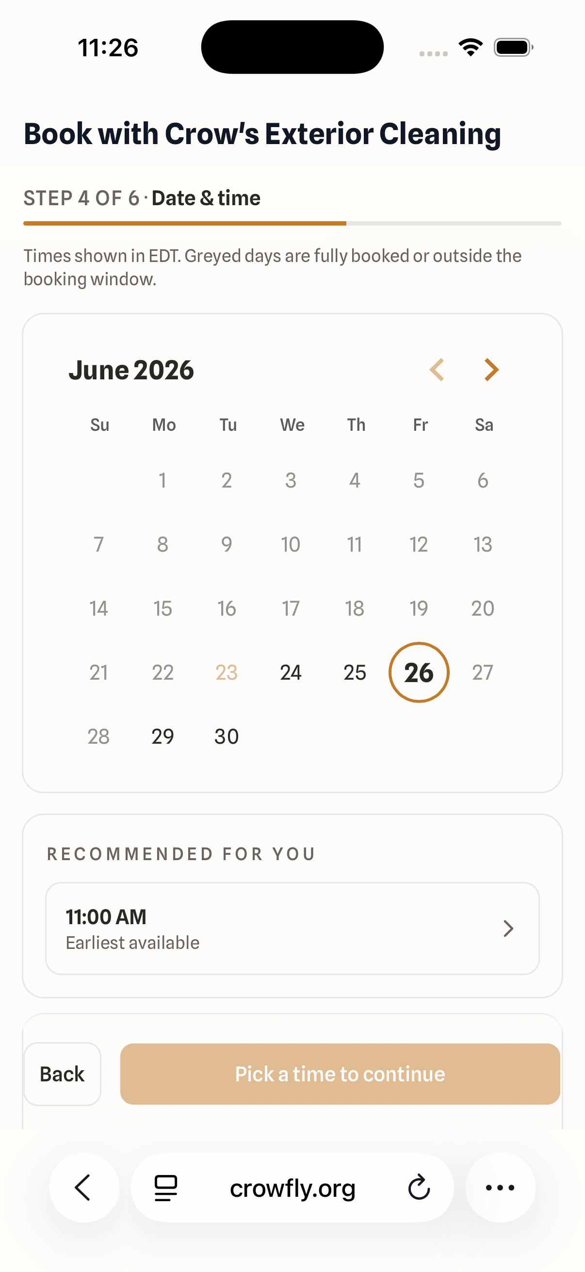 Crowfly booking page showing a customer the available dates and times.