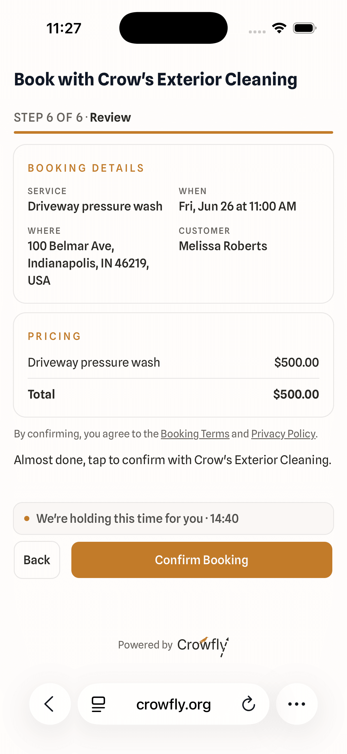 The booking widget's review screen with the booking summary and price.