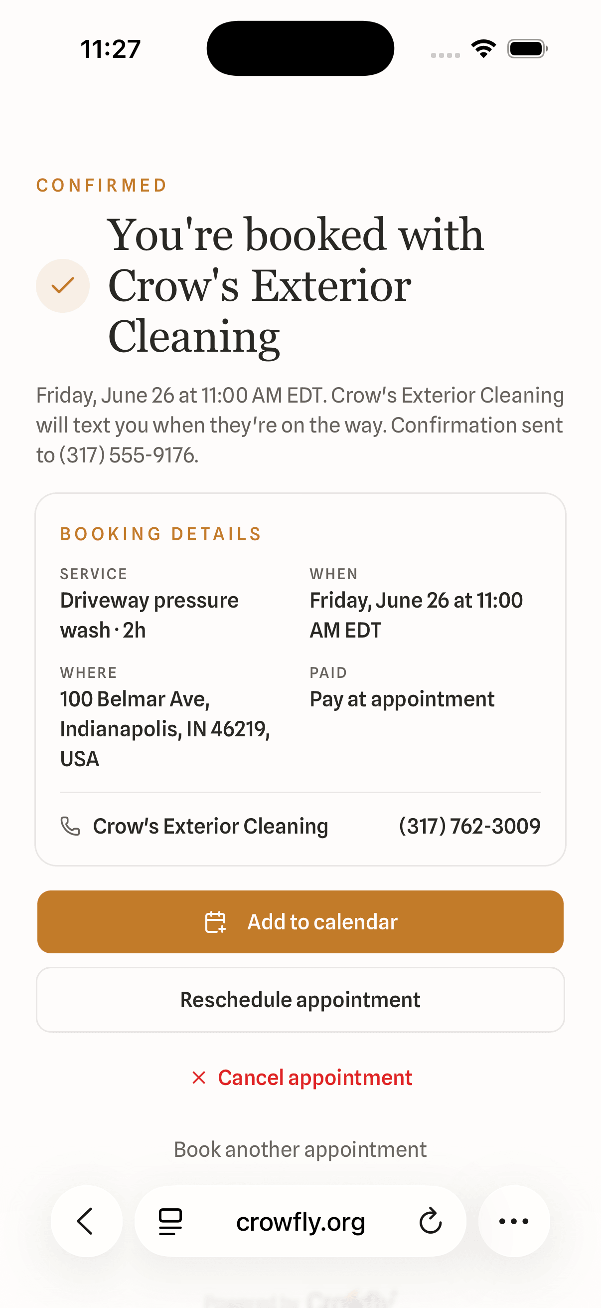 The booking widget confirmation screen showing the appointment is booked.