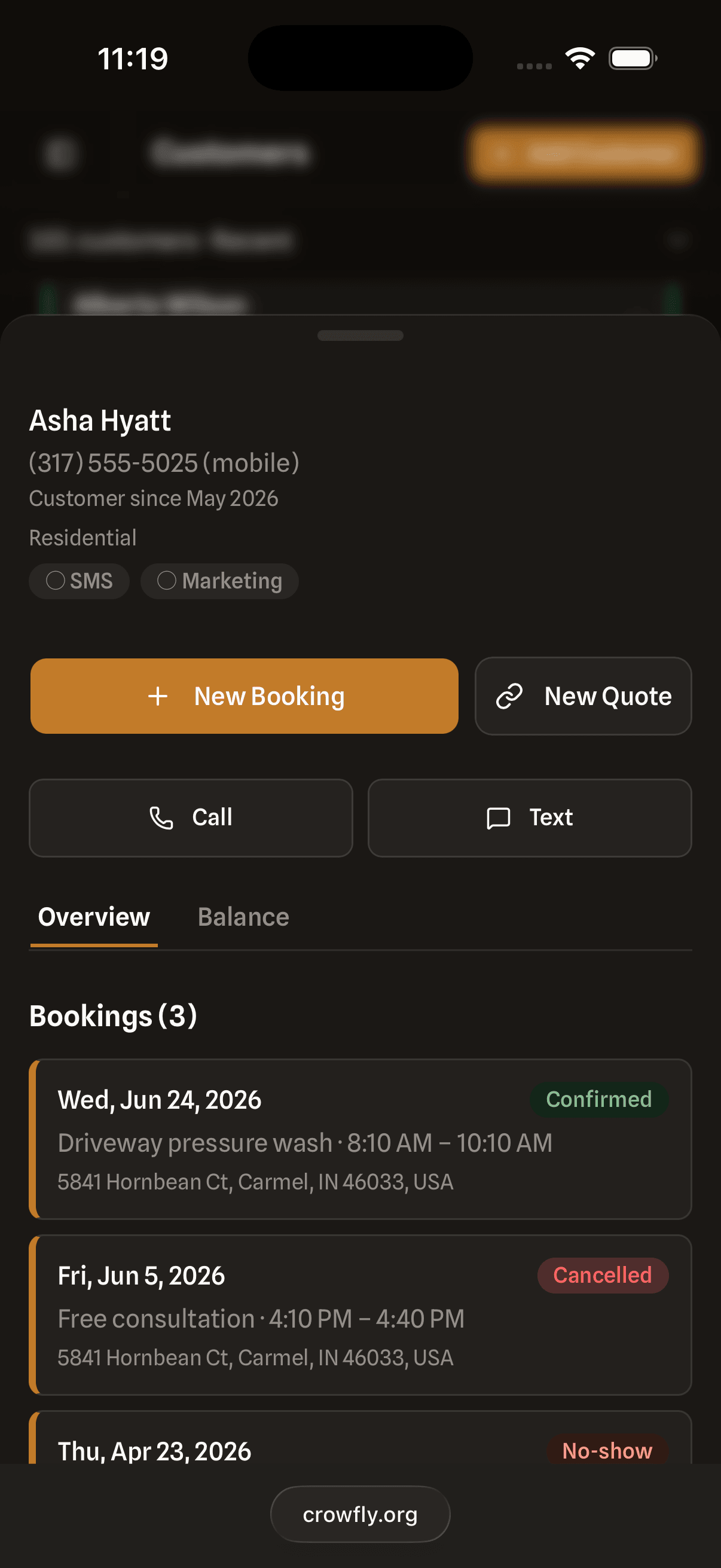 Crowfly customer record with contact details, booking history, and new booking and quote actions.