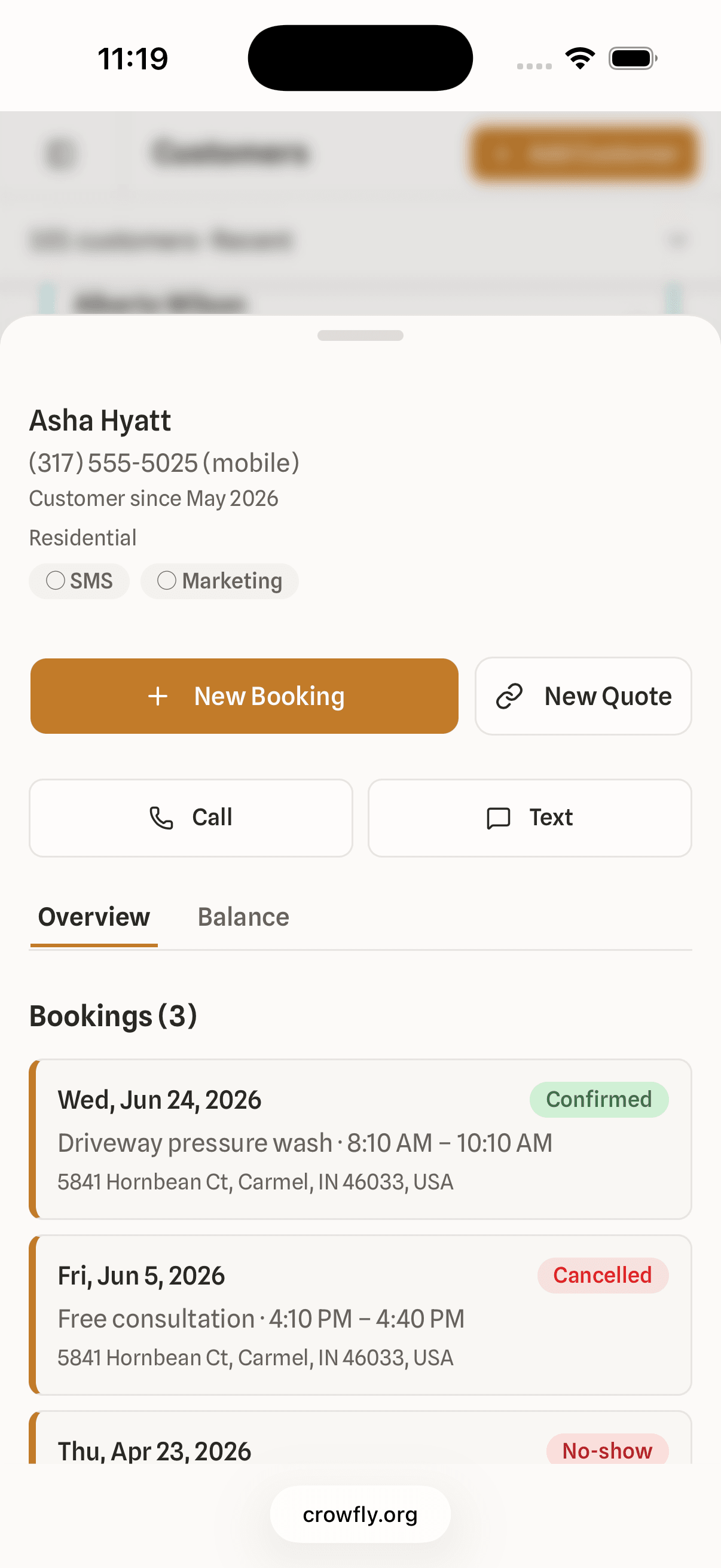 Crowfly customer record with contact details, booking history, and new booking and quote actions.