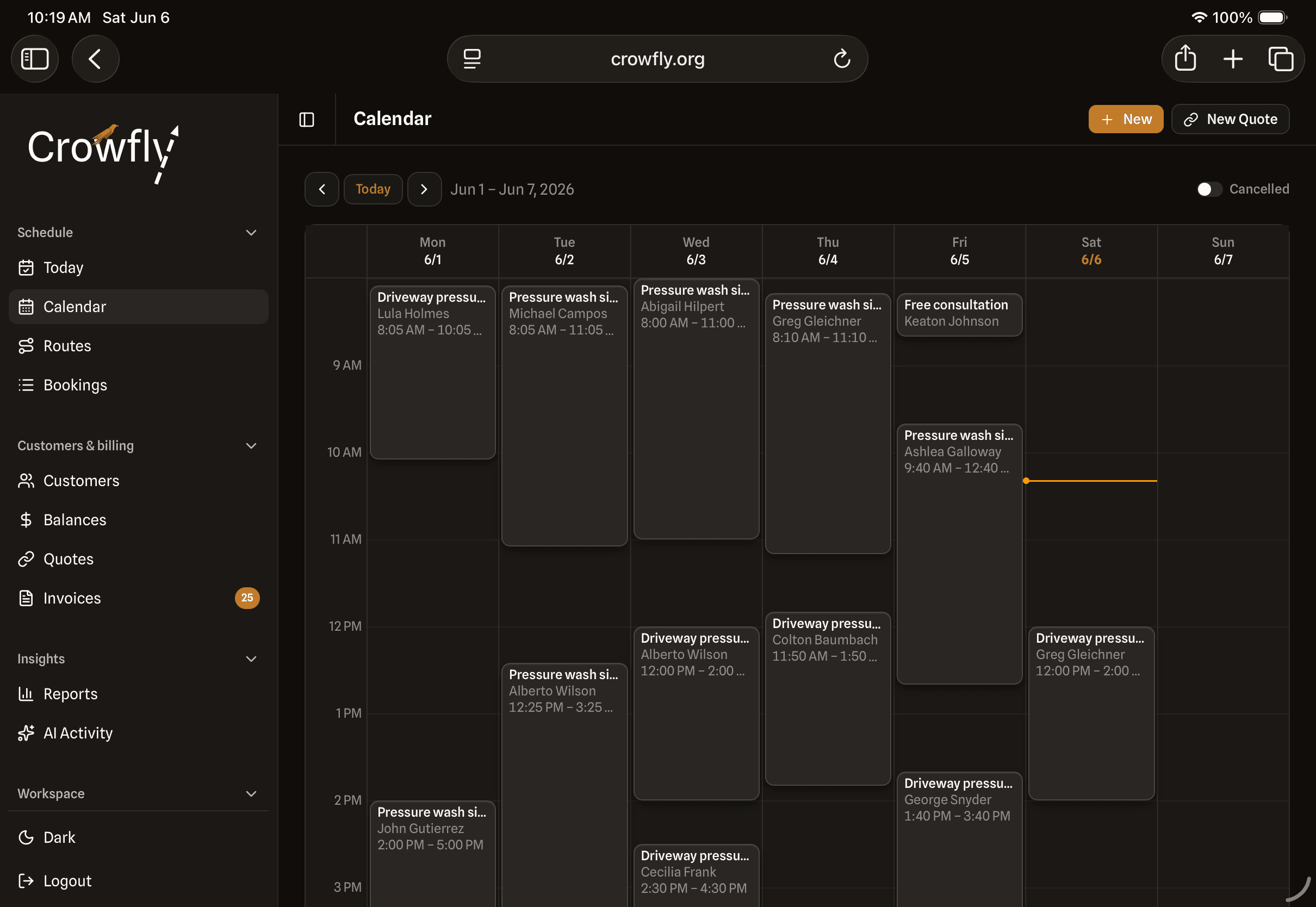 Crowfly calendar with a working week of customer bookings.