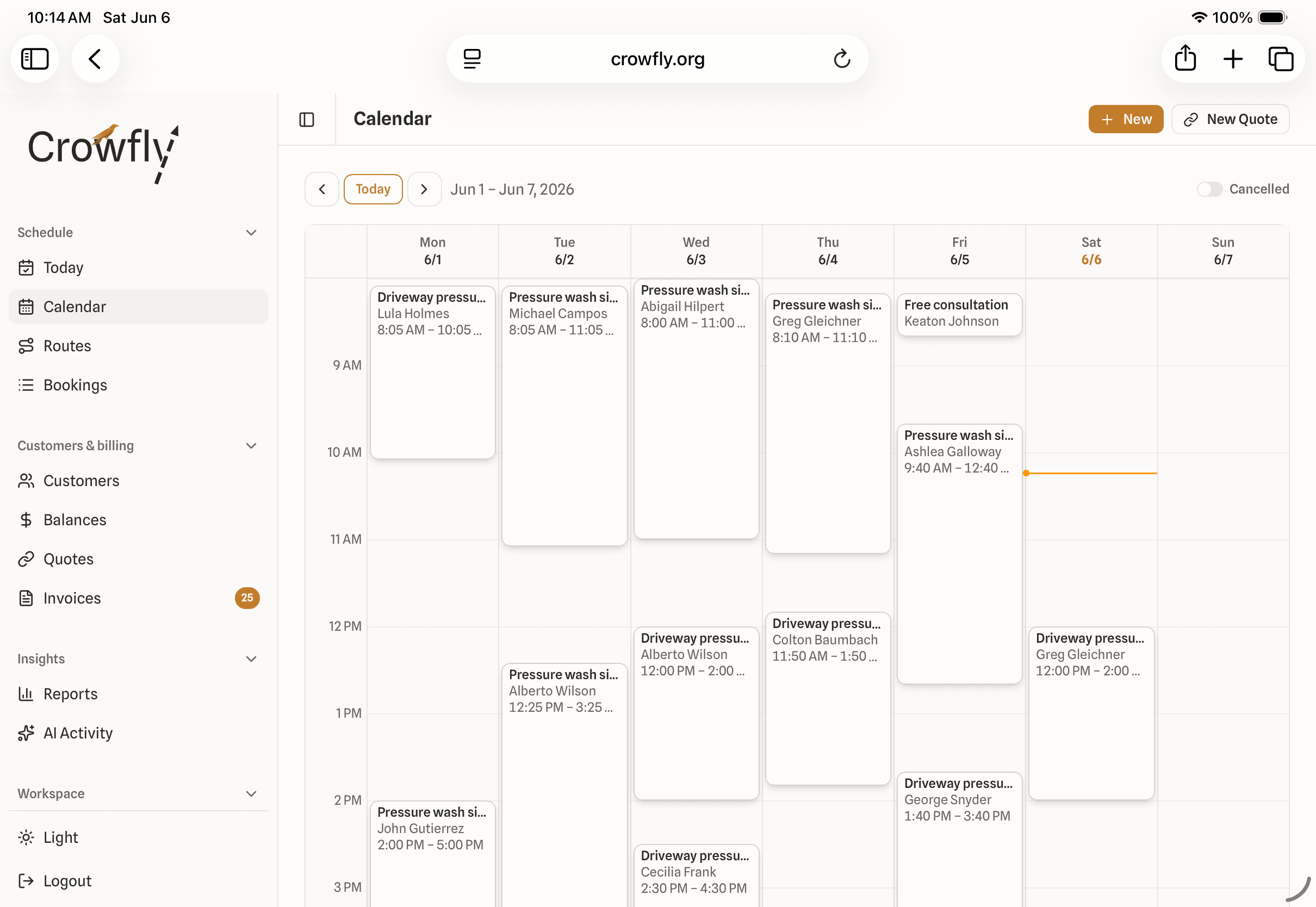 Crowfly calendar with a working week of customer bookings.