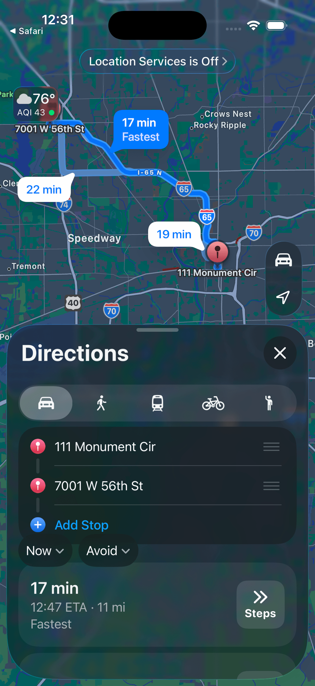 A job on a phone with a one-tap 'Open in Maps' button that hands off to Google or Apple Maps, while the job details stay in Crowfly