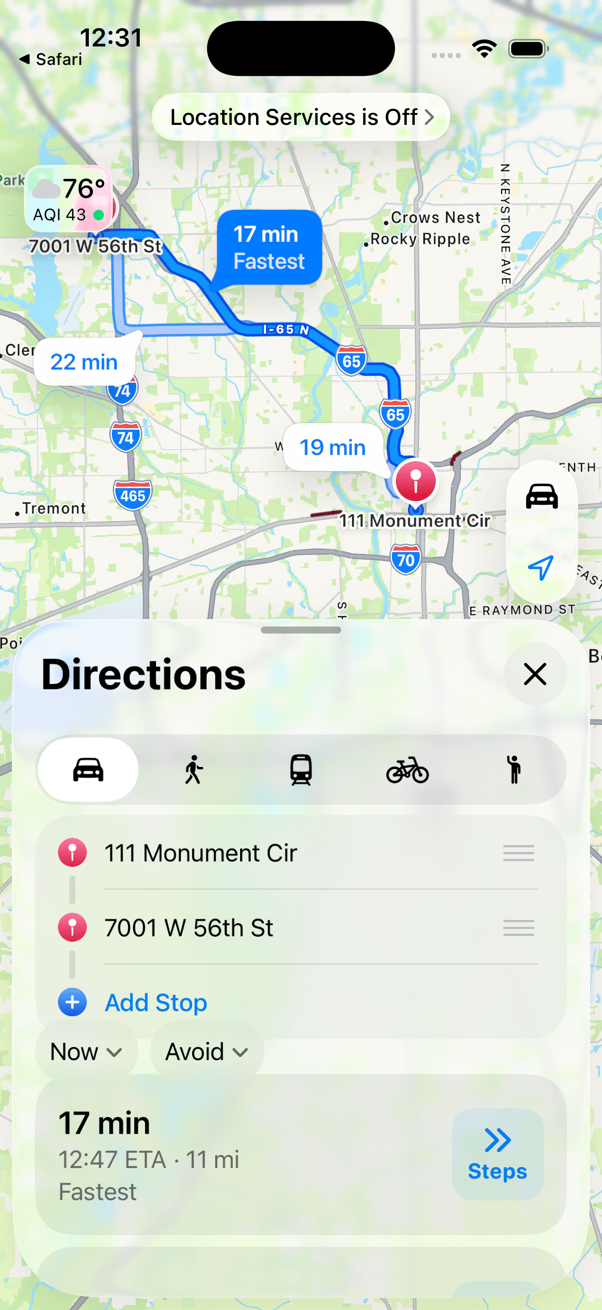 A job on a phone with a one-tap 'Open in Maps' button that hands off to Google or Apple Maps, while the job details stay in Crowfly