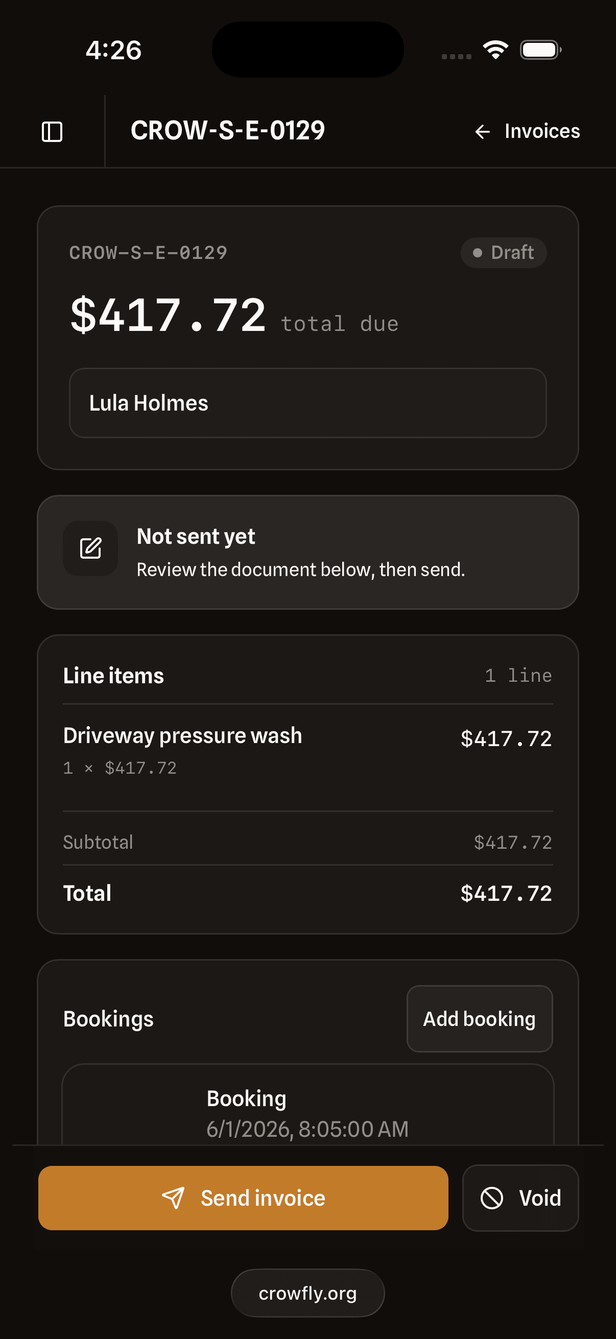 An invoice on a phone, generated from the booking, with a Stripe checkout link ready to send so the customer can pay from their phone
