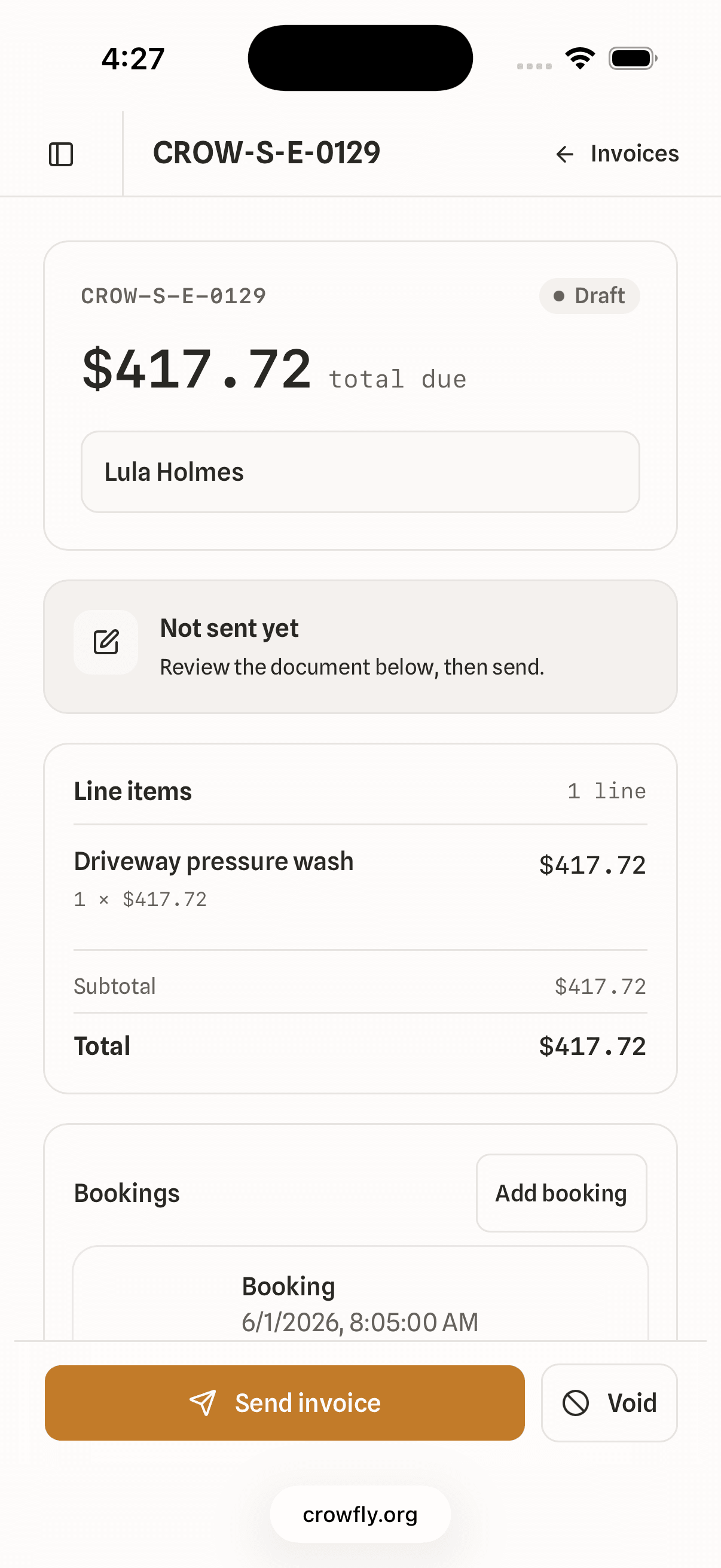 An invoice on a phone, generated from the booking, with a Stripe checkout link ready to send so the customer can pay from their phone