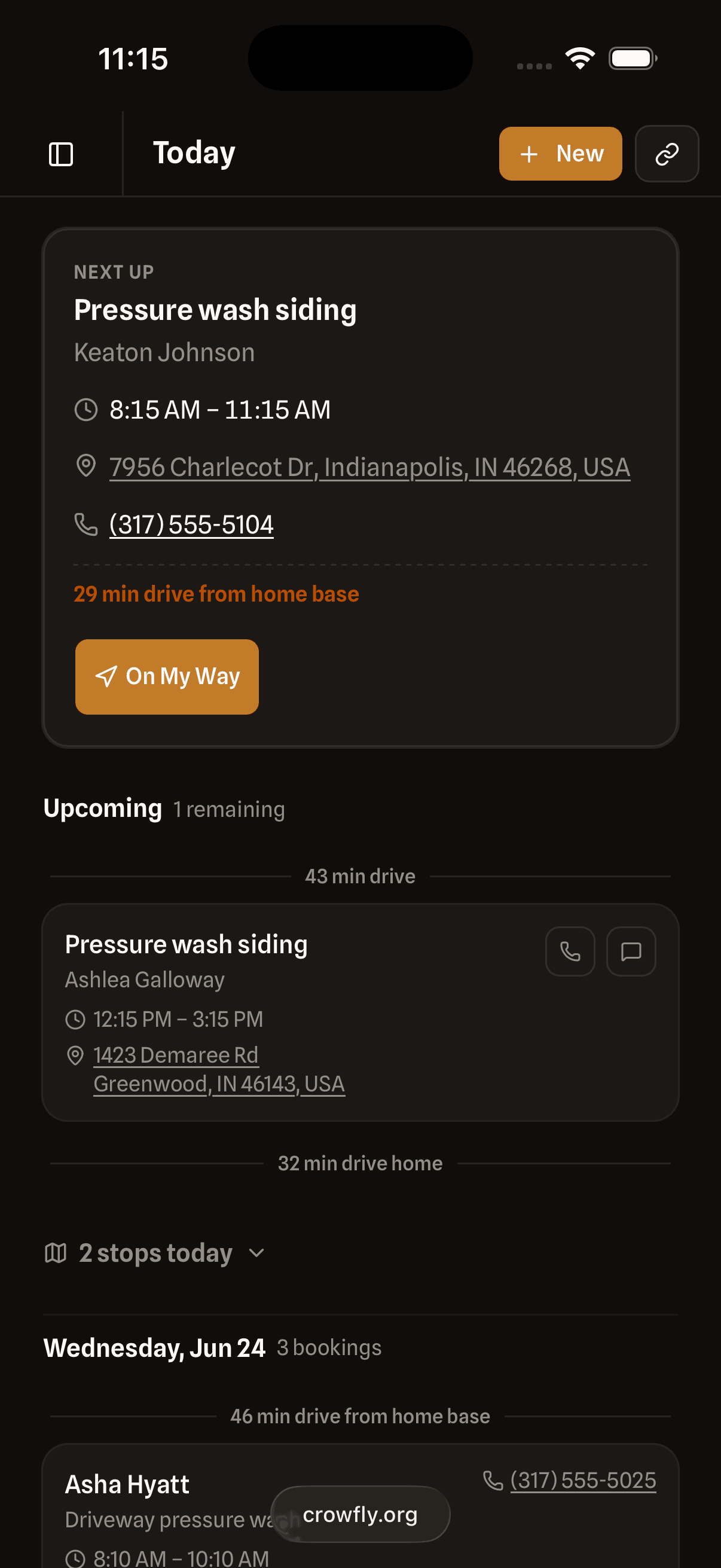 Crowfly's message composer on a phone: the editable 'On my way' text pre-filled — 'Sparkle Clean is on the way!' — ready to send to the customer in one tap