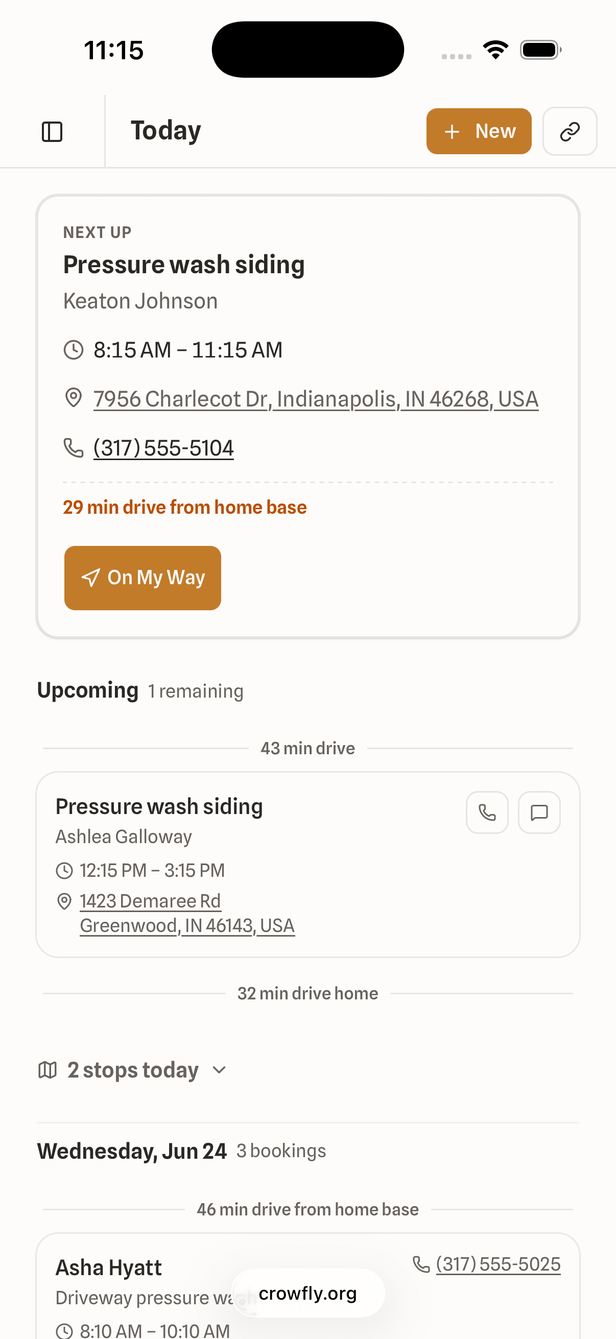 Crowfly's message composer on a phone: the editable 'On my way' text pre-filled — 'Sparkle Clean is on the way!' — ready to send to the customer in one tap